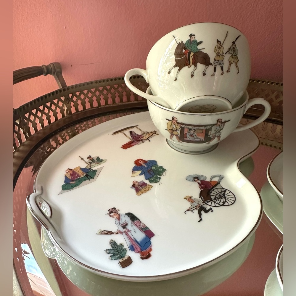 RARE 4 Piece Vintage Kutani Japan China Eggshell Ceramic Snack Plate and Cup Set